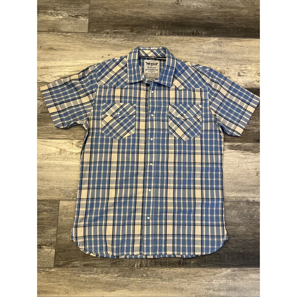 Levis Shirt Mens Large Blue Gray Western Pearl Snap White Tab Rodeo Ranch AMAZIN
